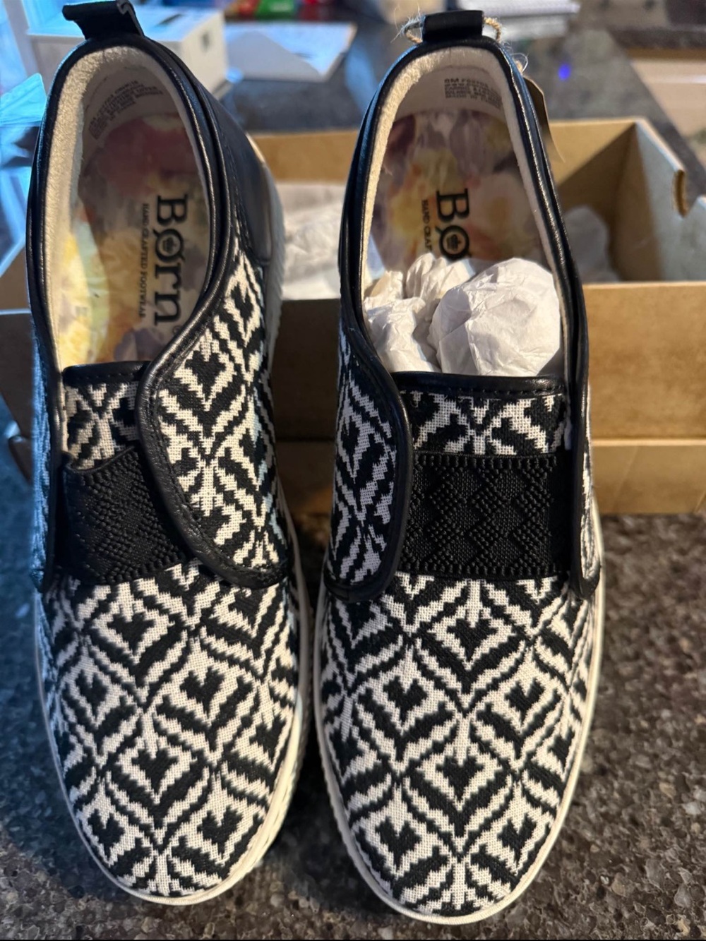 Born Black and White Geometric Slip-On Flats